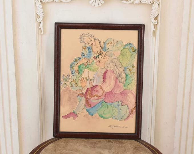 Maja Berezowska – Embracing Lovers – Intimate Couple – Watercolor & Ink on Paper – Vintage Artwork