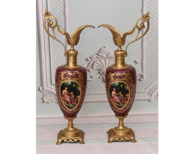 French Porcelain Vases: Red & Gilded Bronze, Aristocratic Decor