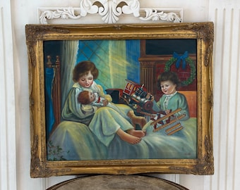 Oil Painting Two Sisters Playing Toys – Gold Frame Wall Art, Classic Decor