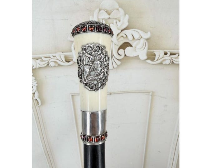 Russian 84 Silver Walking Stick – St. George Dragon Cane, Imperial Eagles Top