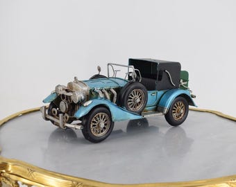 Vintage Blue Metal Car Model: Antique Old School Decor