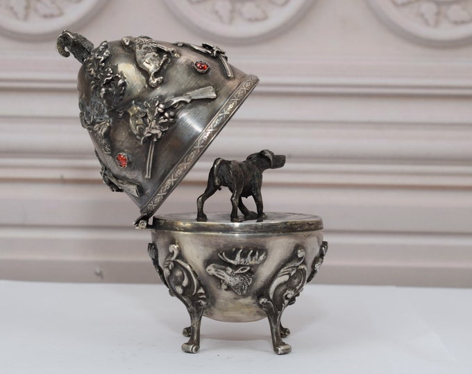 Hunter Silver Egg - Hunter Dog - Hunting Silver 84 - Imperial Russia Tsar Silver - Old Egg - Home Decor - Collector Item