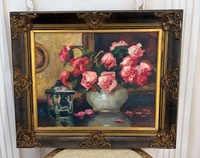 Antique Oil Painting – Roses Still Life –  A. Karpinski Kraków Collection – Hand Painted Artwork