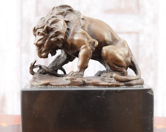 Statue en bronze de lion et de serpent - Figurine en bronze animal - Statue exclusive sur socle en marbre - Cadeaux personnalisés