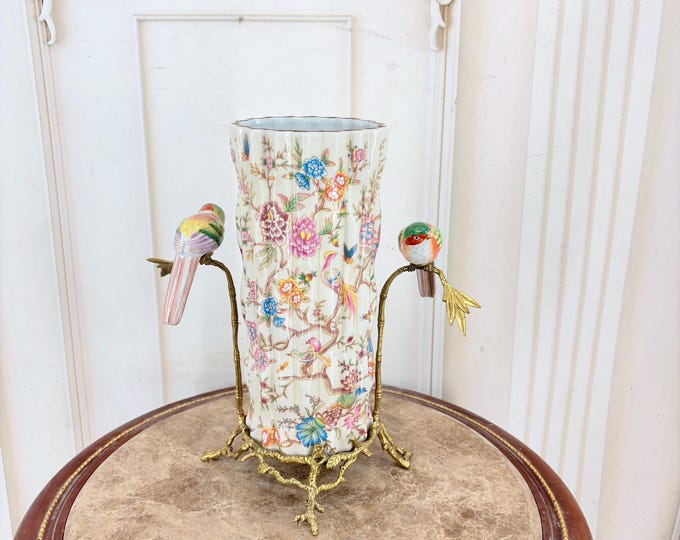 Art Nouveau Porcelain Vase – Two Birds, Floral Motifs, Bronze Ornaments – Centerpiece Home Decor