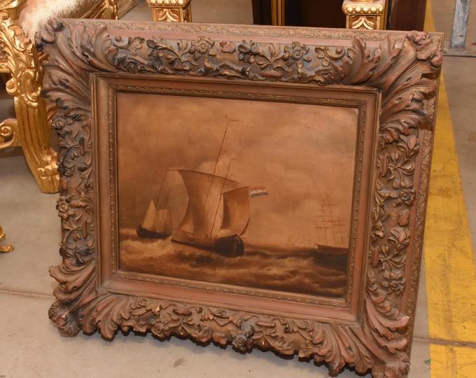 Boats on the Sea — Handmade Marine Painting in Thick Frame | Coastal Wall Art | Unique French Find | Gift for Sea Lovers