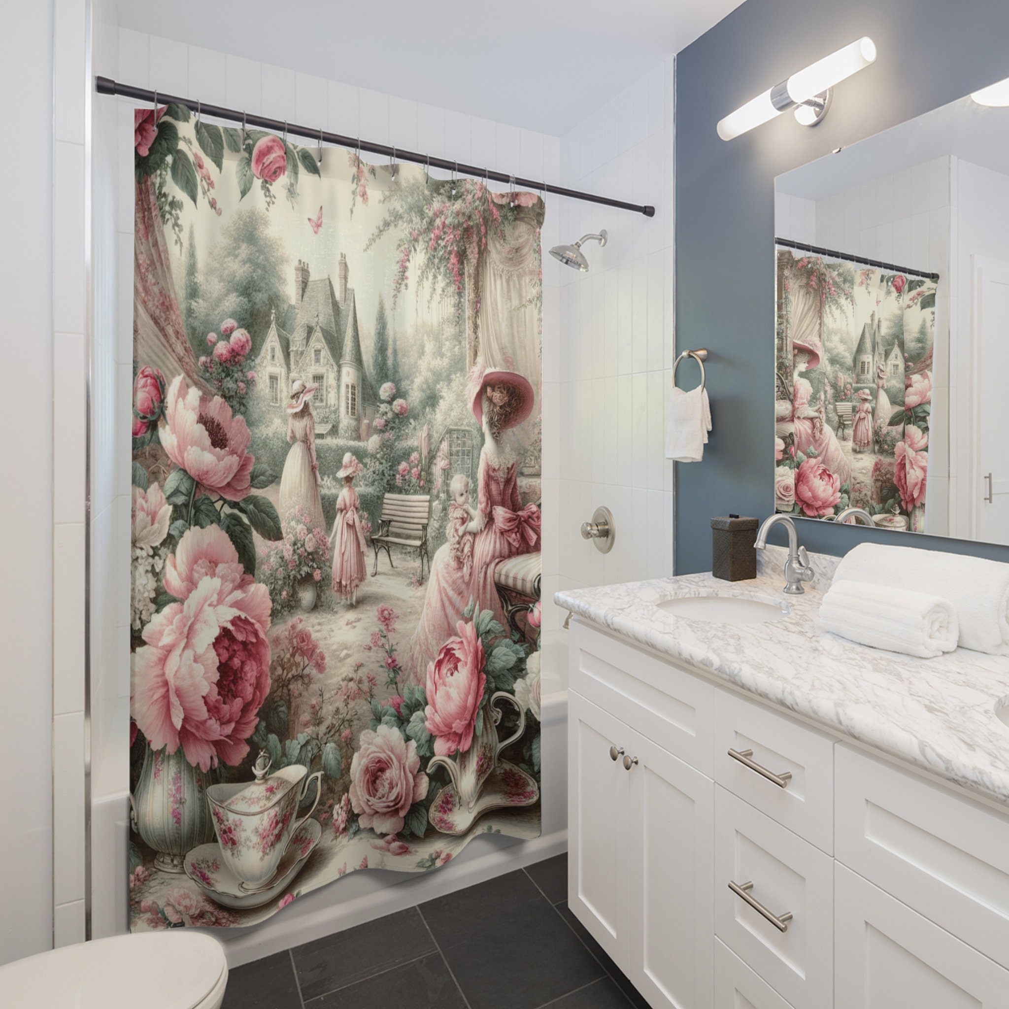 Vintage Shabby Chic Floral Toile Shower Curtain Elegant Etsy