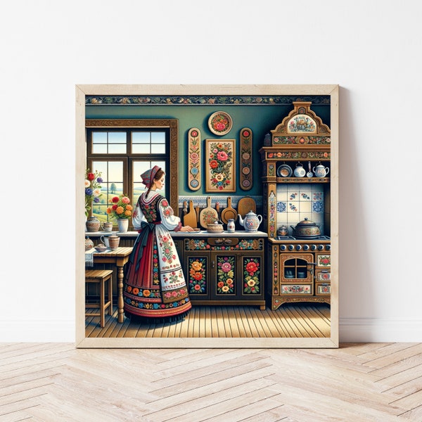 Traditional European Folk Art Kitchen Poster - Folk Art Home Decor - Folk Art Matte  Posters -Scandinavian Wall Art - Kitchen Decoration