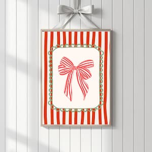 Christmas Bow Wall Art, Red Stripe Holiday Print, Candy Cane Ribbon Decor, Coquette Christmas
