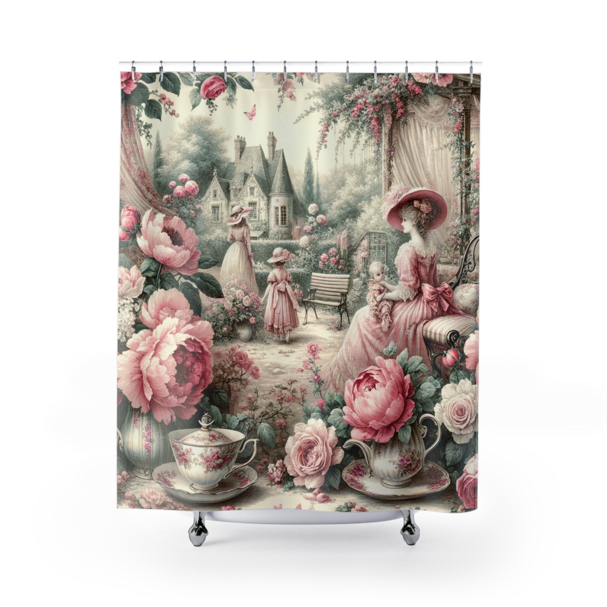 Vintage Shabby Chic Floral Toile Shower Curtain Elegant Etsy