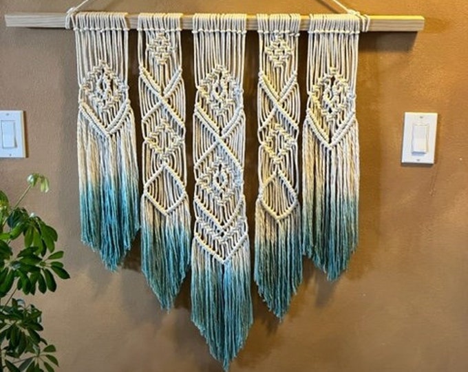 Featured listing image: Large Boho Macrame Wall Hanging with Ombre Teal Dye on the Bottom, Boho Decor, Boho Chic