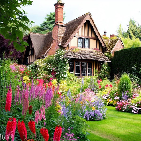 English Cottage with English Gardens Digital Art Print Downloadable