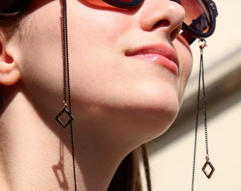 Sunglasses Chain: Gold & Black Square Charm Spectacle Holder