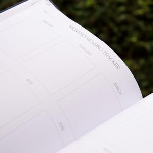 May include: A white monthly reading tracker with spaces to log books read for each month of the year. The months are labelled January through June.