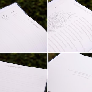 May include: A white journal with a black cover and gold lettering. The journal has a calendar section, a reading wish list, and a section for notes. The text on the cover reads "My Found Words".