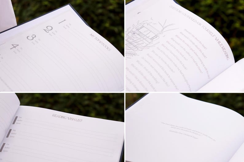 May include: A white journal with a black cover and gold lettering. The journal has a calendar section, a reading wish list, and a section for notes. The text on the cover reads "My Found Words".