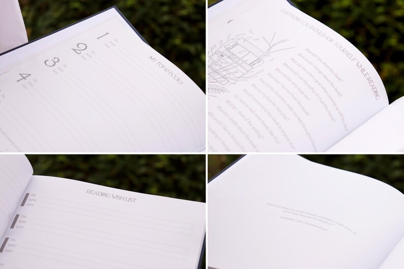May include: A white journal with a black cover and gold lettering. The journal has a calendar section, a reading wish list, and a section for notes. The text on the cover reads "My Found Words".