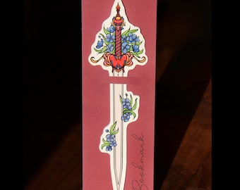 Sword Bookmark with Flowers, Fantasy Book Lover Gift, Hand-Drawn Illustration