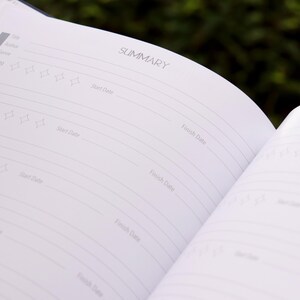 May include: Open notebook with a summary section, featuring lined pages for writing and a star rating system. The notebook is open to a page with the heading "SUMMARY" and columns for "Start Date", "Finish Date", and "Rating".