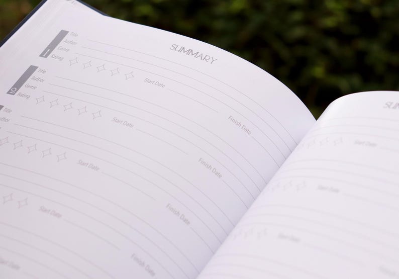 May include: Open notebook with a summary section, featuring lined pages for writing and a star rating system. The notebook is open to a page with the heading "SUMMARY" and columns for "Start Date", "Finish Date", and "Rating".