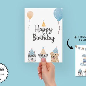 K&ouml;nnte beinhalten: Druckbare digitale Geburtstagskarte mit drei Hunden, die Partyh&uuml;te und Ballons tragen. Die Karte sagt "Happy Birthday".