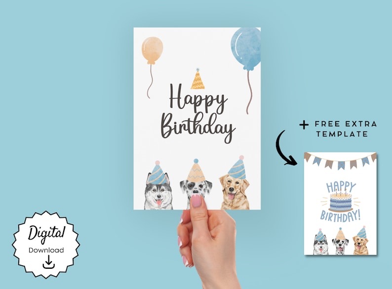 K&ouml;nnte beinhalten: Druckbare digitale Geburtstagskarte mit drei Hunden, die Partyh&uuml;te und Ballons tragen. Die Karte sagt "Happy Birthday".