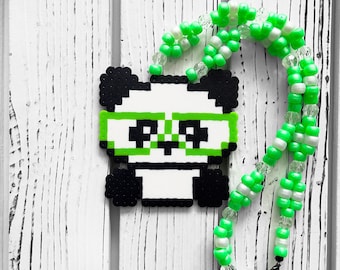 Hipster Panda Perler Necklace By Leaky Pixels • Perler Bead Art • Kandi Necklace • Rave Kandi • Anime Perler • EDM Perler • Kawaii Necklace
