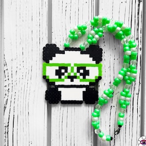 Hipster Panda Perler Necklace By Leaky Pixels • Perler Bead Art • Kandi Necklace • Rave Kandi • Anime Perler • EDM Perler • Kawaii Necklace
