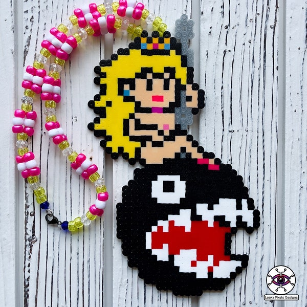 Princess Peach Perler Necklace | Super Mario Bros | Perler Bead Art | Rave Perler | Kandi Perler Necklace | Bead Sprite | Video Gamer