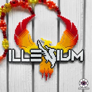 May include: A beaded necklace with a pixel art design of a phoenix with the word "ILLENIUM" underneath. The phoenix is made of red, orange, and yellow beads. The necklace is on a white wooden background.