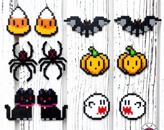 Halloween Perler Earrings | Mario Boo Ghost | Pumpkin | Black Cat | Black Widow Spider | Candy Corn | Bat | Rave Kandi | EDC Outfit Gear