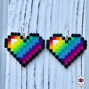 Rainbow Heart Perler Earrings | Heart Jewelry | Love Gift | Video Game Jewelry | 8 Bit Pixel Art | Kandi Earrings