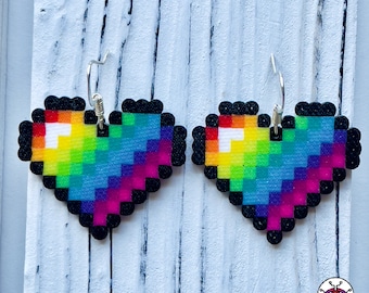 Rainbow Heart Perler Earrings | Heart Jewelry | Love Gift | Video Game Jewelry | 8 Bit Pixel Art | Kandi Earrings