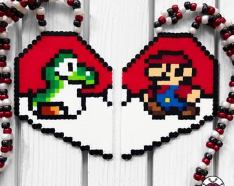 Baby Yoshi and Mario 2 Piece Perler Necklaces By Leaky Pixels • Perler Necklace • Perler Art • Kandi  • Rave Kandi • Anime Perler