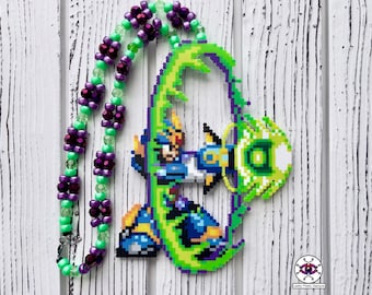 Mega Man X4 Ultimate Armor Perler Necklace | Rave Perler | EDC Outfit Gear | Video Game Necklace | Kandi Bracelet  | Perler Bead Sprite