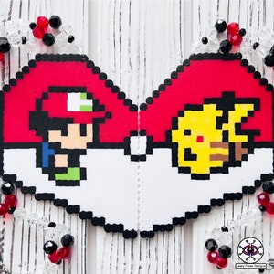 Ash and Pikachu Perler Necklace By Leaky Pixels • Pikachu Perler • Pikachu Necklace •  Heart Perler •  Perler Necklace • Rave Perler