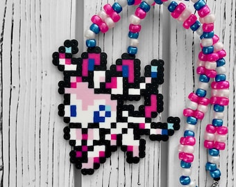 Sylveon Perler Necklace By Leaky Pixels • Perler Necklace • Perler Bead Art • Kandi Necklace • Rave Kandi • Anime Perler • Eevee