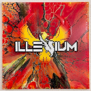 May include: A red, yellow, and black abstract painting with a pixelated phoenix and the word "ILLENIUM" in white letters.