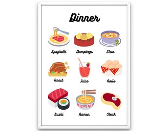 Cena/Cena - Impresión Digital - Colores Brillantes/Primarios - Guardería/Educación en el Hogar/Montessori - ¡6 archivos JPEG!