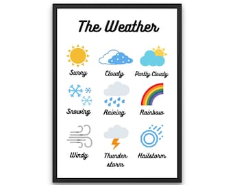 The Weather - Digital Printout - Colores brillantes / primarios - Nursery / Homeschooling / Montessori - ¡6 archivos JPEG!