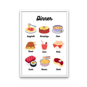 Dinner/Supper - Digital Printout - Bright/Primary Colors - Nursery/Homeschooling/Montessori - 6 JPEG files!
