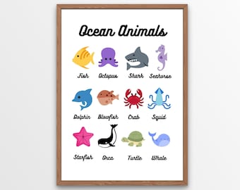 Ocean Animals Digital Printout - Nursery/Homeschooling/Montessori - ¡6 archivos JPEG!
