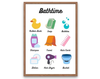 Hora del baño - Impresión digital - Colores brillantes / primarios - Guardería / Educación en el hogar / Montessori - ¡6 archivos JPEG!