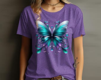 Iridescent Teal Purple Butterfly T-Shirt, Whimsical Nature Lover Graphic Tee