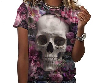 Floral Skull Graphic Tee, Day of the Dead Fashion, All-Over Print