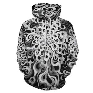 Könnte beinhalten: Ein schwarz-weißer Kapuzenpullover mit einem wirbelnden, abstrakten floralen Design. Das Muster weist einen Farbverlauf von Grautönen auf, der einen dynamischen und künstlerischen Look erzeugt. Der Hoodie hat eine Kapuze mit Kordelzug und eine Vordertasche.