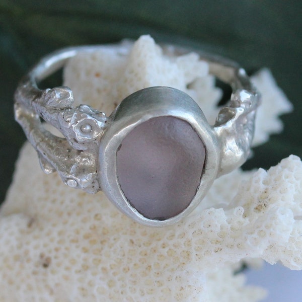 Free custom sizing & shipping anywhere USA,Beautiful Pink Colored Sea Glass Rings, 925 Sterling Silver Twig Band, Unique Statement Ring