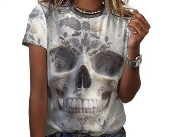 Floral Skull Graphic Tee, Day of the Dead Fashion, All-Over Print