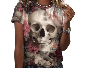Floral Skull Graphic Tee, Day of the Dead, Edgy Fashion