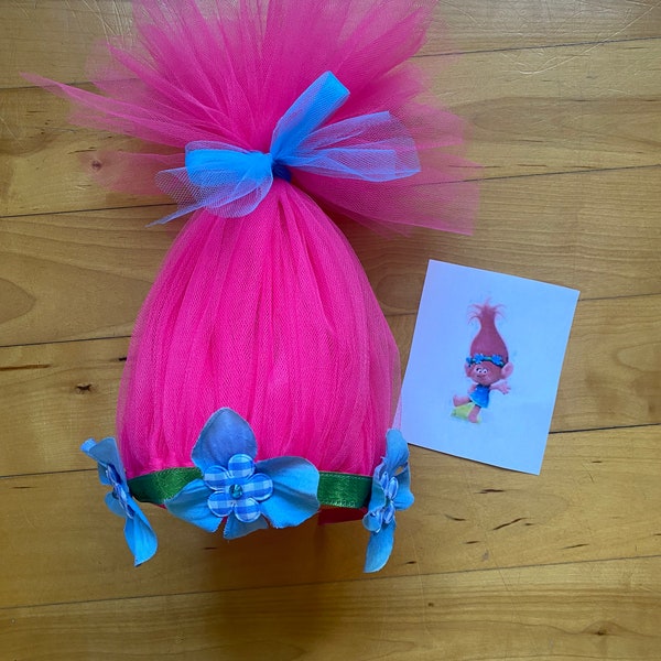 Trolls inspired Hair Headband Headband Poppy Troll Headband Wig Pink Tulle Headband rainbow Troll Hair Troll Wig troll party favors